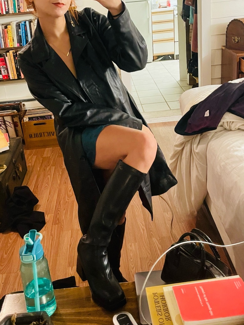 Black Leather Trench Coat with Magenta Lining